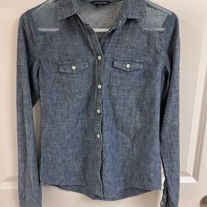 American Eagle Outfitters Chambray Blue Lace Button Down Top